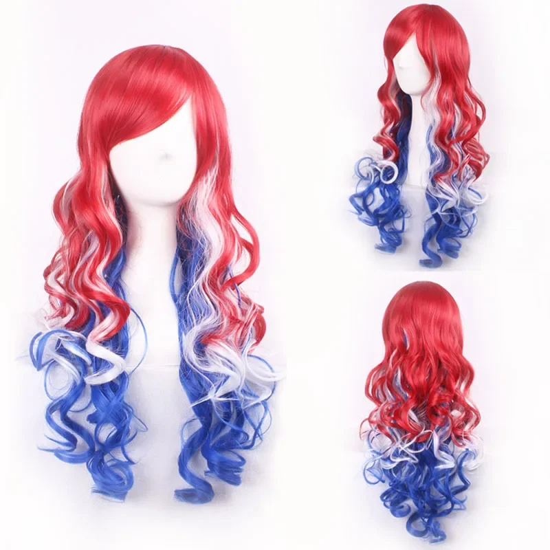 

Long Curly Women Wig Patriotic Red White Blue Synthetic Fiber Cosplay Party Halloween Costume Wig Natural Looking Hairpiece