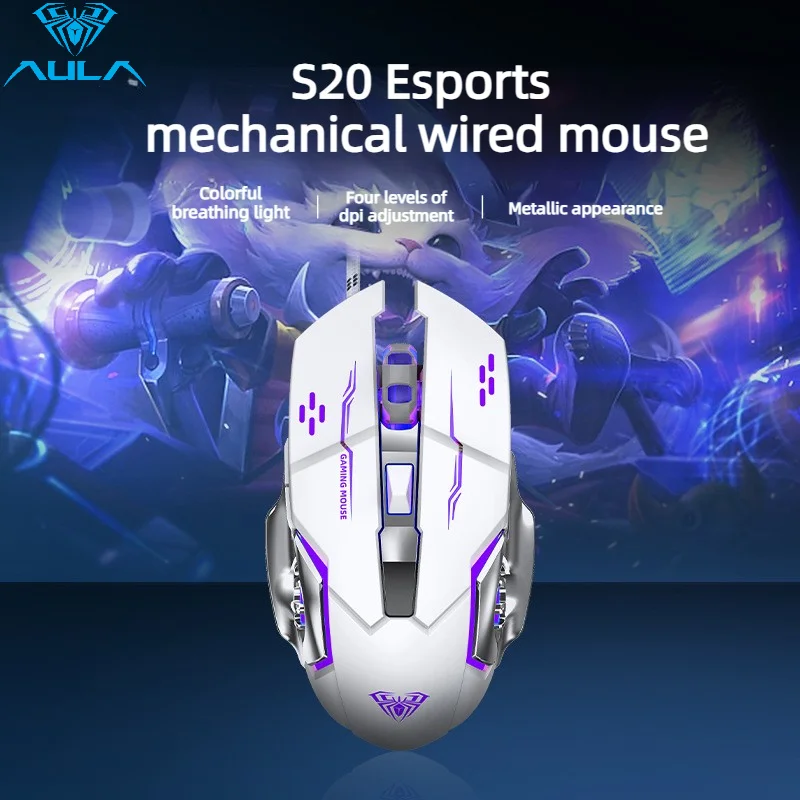 AULA S20 USB Wired Gaming Mouse Macro Programming 7Buttons RGB Backlight Ergonomic Optical Mouse for Gamer PC Laptop