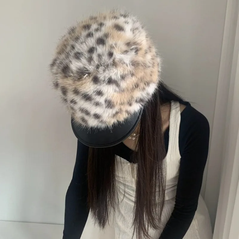 Designer Imitation Fur Splicing Berets Women Korean Version Fashion British Leather Brim Painter Newsboy Hat Tide Autumn Winter