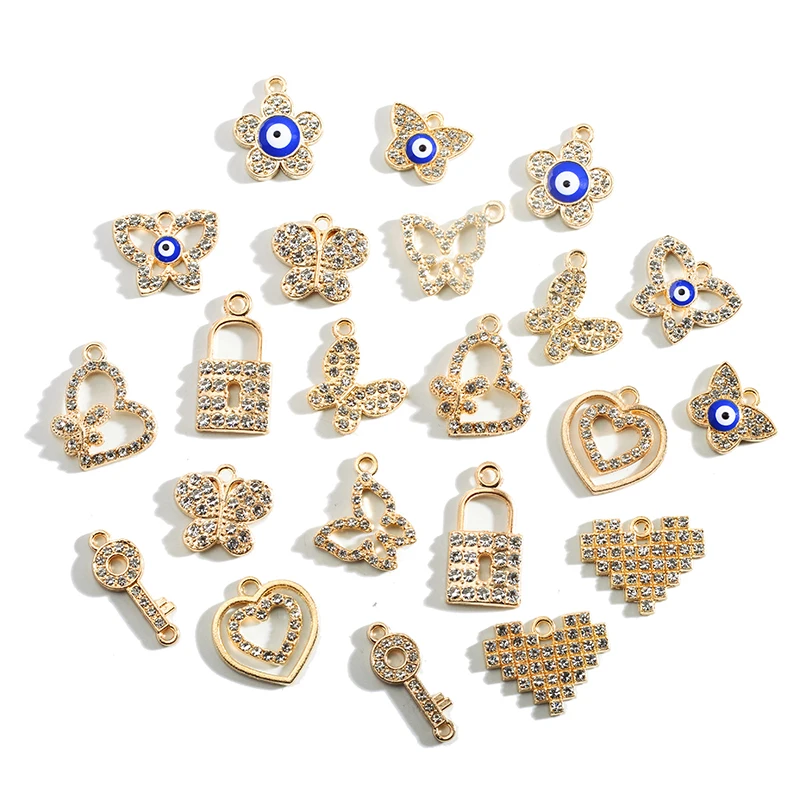 10Pcs Luxury Rhinestone Butterfly Heart Key Lock Enamel Color Eye Pendant Charm for Bracelet Earring Amulet DIY Jewelry Making