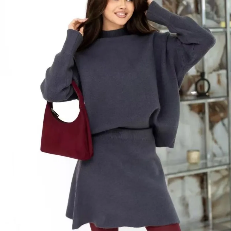 Loose 2 Pieces Set For Woman Package Hip Two Piece Outfits Mini Skirt Solid Color Sweater Knitted Half-high Collar Long Sleeves