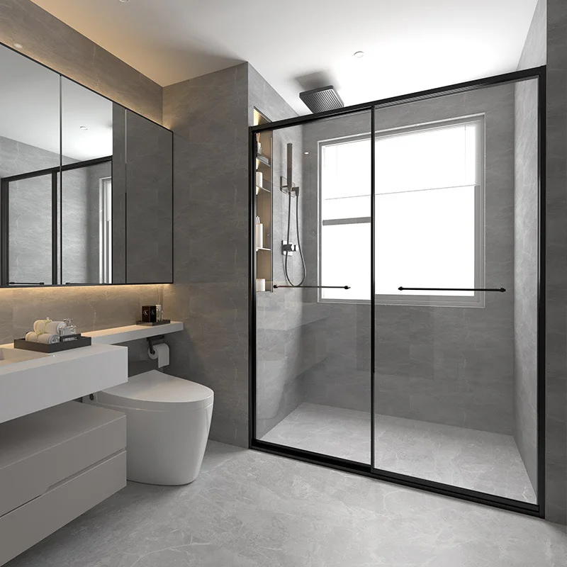 Double sliding door one-shaped shower room, sunken extremely narrow partition glass sliding door dry and wet separation