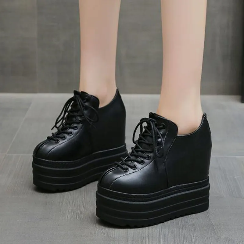 NEW Punk Style Wedges Ankle Boot Black Rubber Sole Shoes Women Lacing Autumn Sexy lady Height Increasing Platform Heels Sneaker
