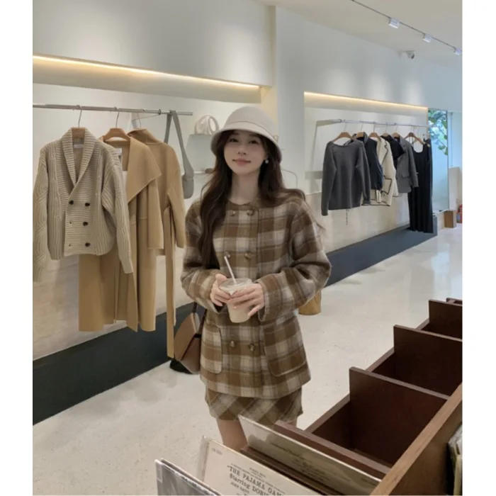

Retro Color Blo Plaid Cotton Woolen Coat Women's Versatile Slimming Skirt Set Casual Sle Winter Faion Two-Piece Suit