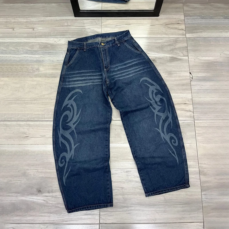 

American Gothic Vintage Mottled Totem Printing High Waisted Straight Jeans Y2K Hip Hop Men Women Fashion Trend Rock Streetwear