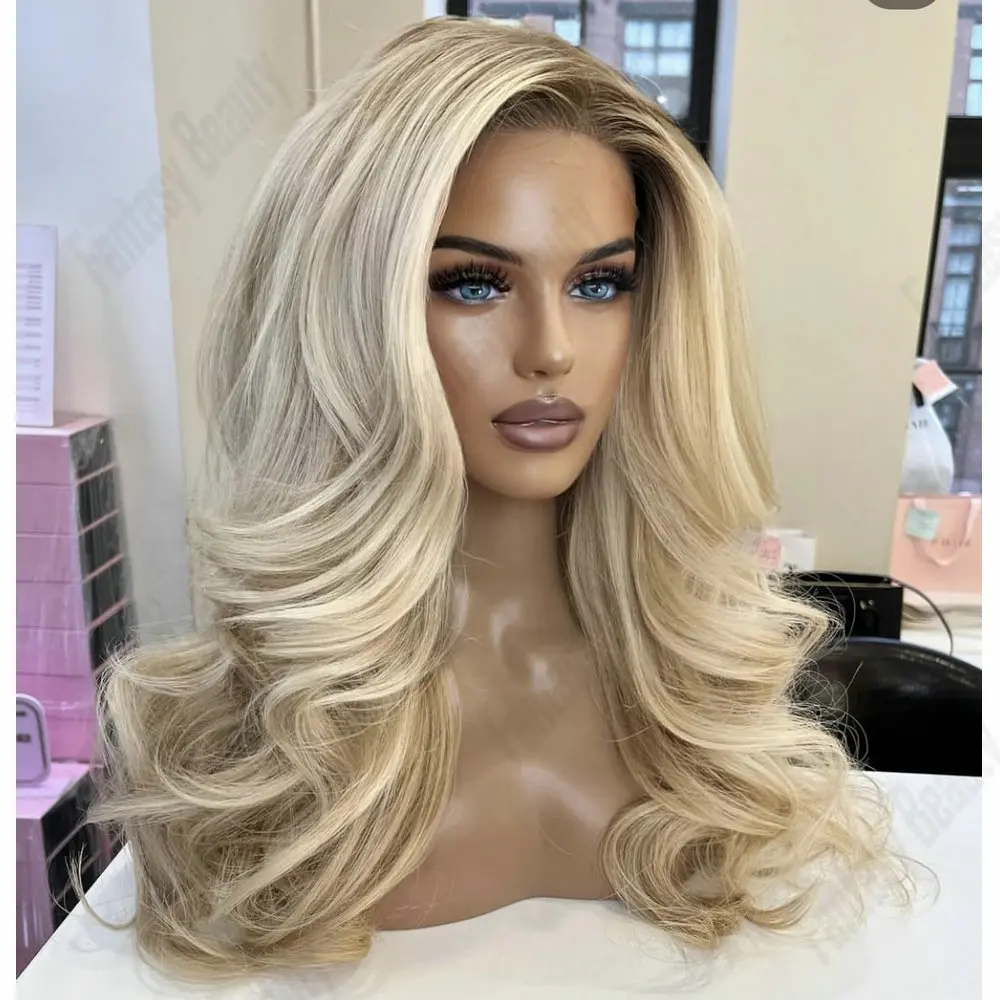 

Blonde Balayage European Full Lace Wig Human Hair Side Part Loose Wave Glueless Perplucked Transparent13x6 360 Lace Frontal Wigs