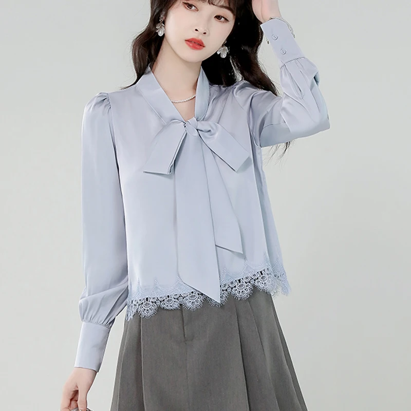 

2025 New Fashion Lace Stitching Short Blouses Women Elegant Ladies Satin Blouses Women Korean Casual Bow Neck Streetwear Shirts