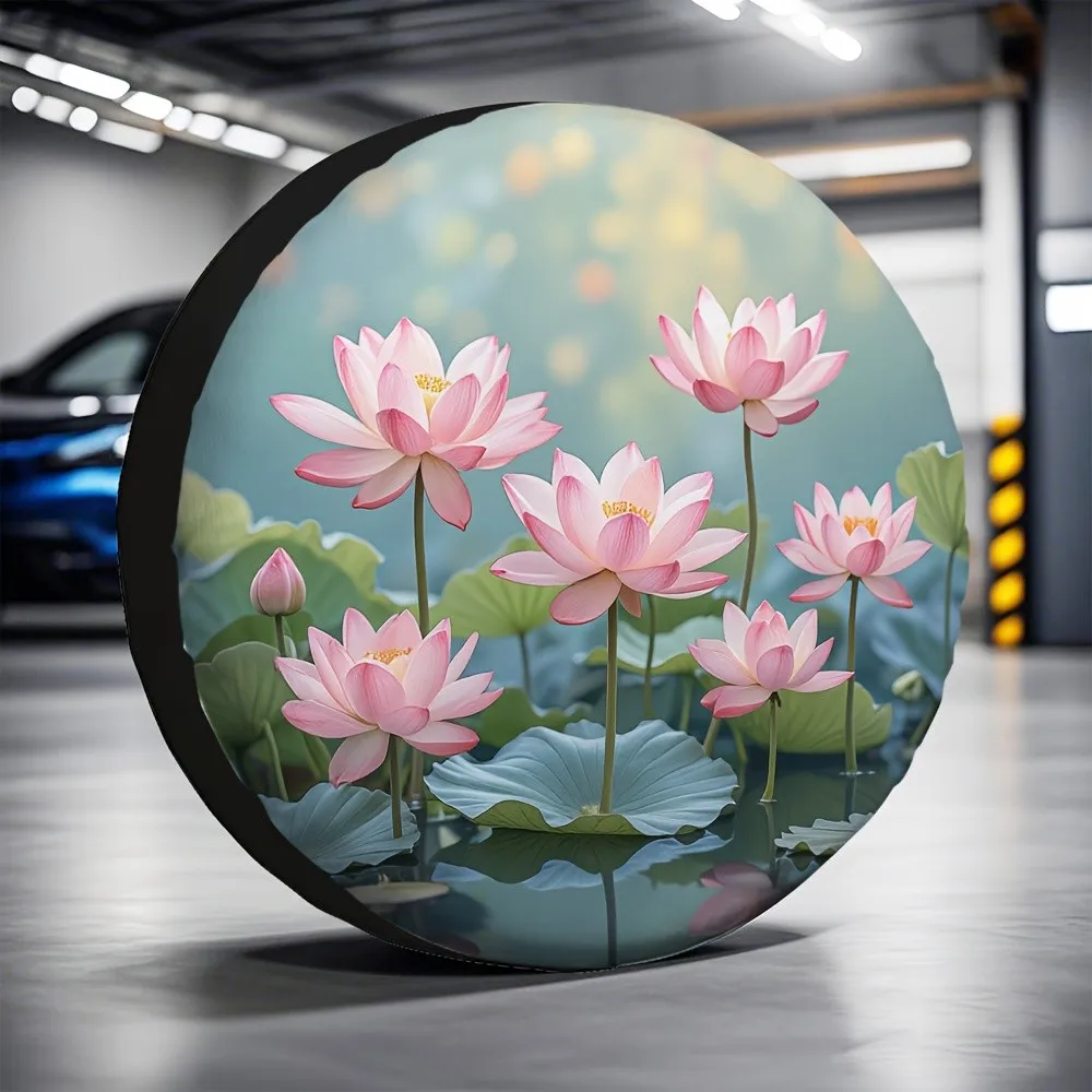 Pink Lotus Flowers Tire Cover Polyester Waterproof Spare Wheel Protector for SUV