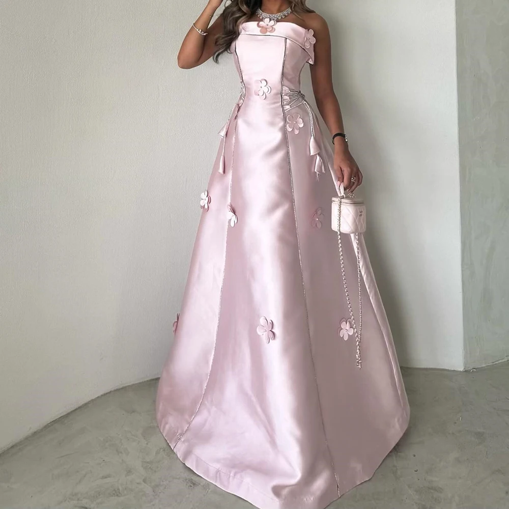 

Customized Classic Pleats Sequined Flowers Belt Strapless Evening Dress Graceful A-Line Satin Pink Party Gown vestidos de fiesta