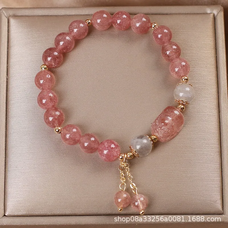 Natural Strawberry Crystal Pixiu Bracelet for Women Gray Moonstone Beaded Bracelet Attract Romance and Wealth 2026 Gifts