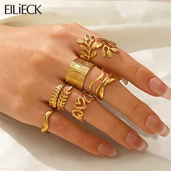 EILIECK 316L Stainless Steel Gold Color Leaves Heart Ring for Women Fashion Statement Waterproof Finger Ring Jewelry Accessories