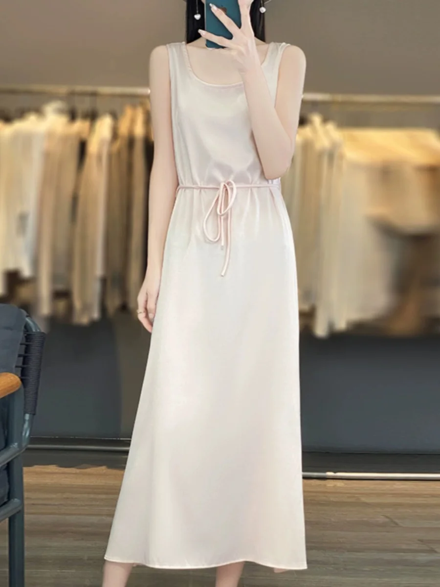 Ele acetato cetim feminino dr com cintura acetada saia longa textura suave com cinto svel solto novo sle