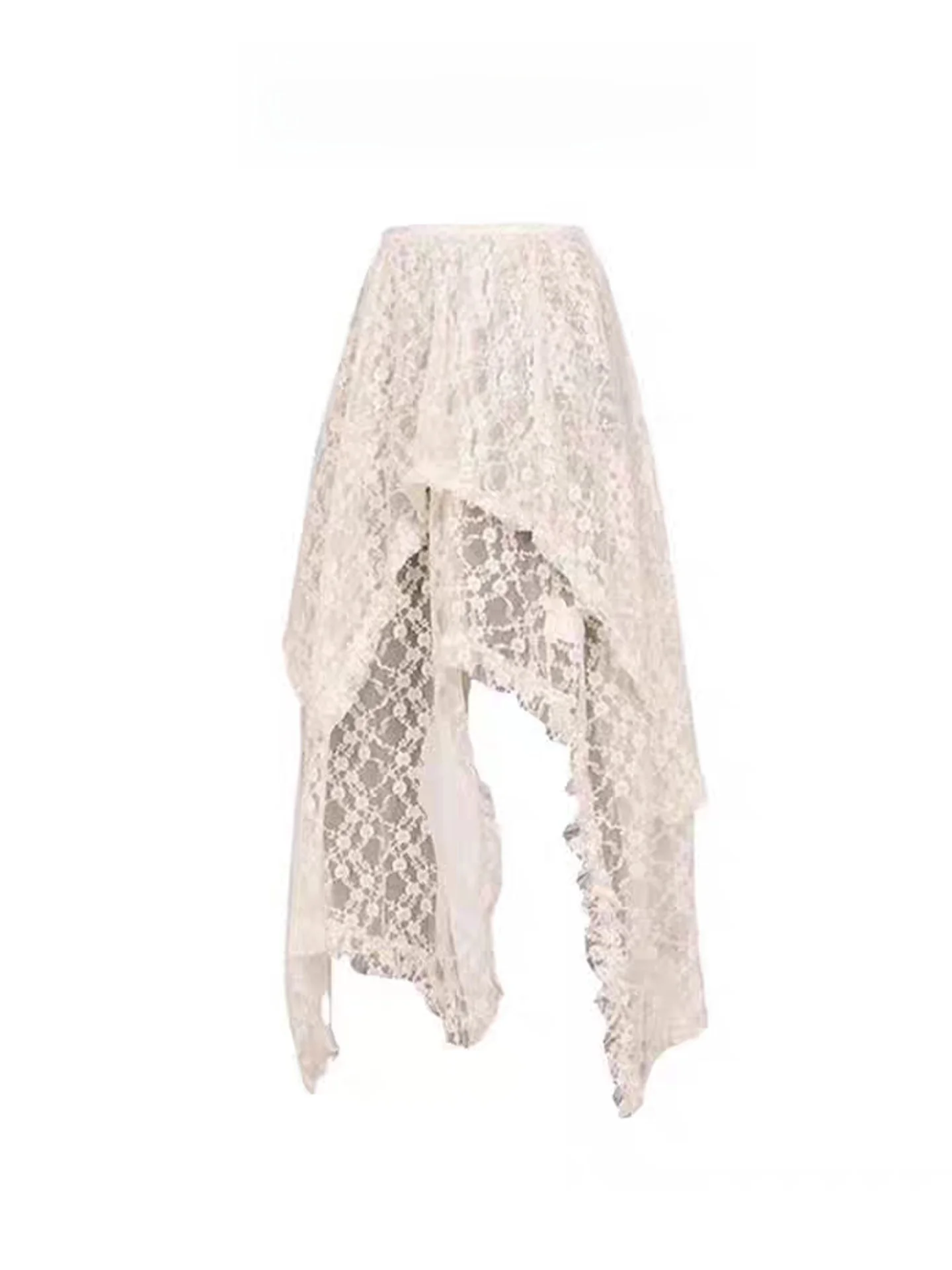 Retro Korean Lace Overlap Midi Skirt Women's Autumn Irregular Design Sense Half Skirt Mesh Apron Mid-Length Skirt