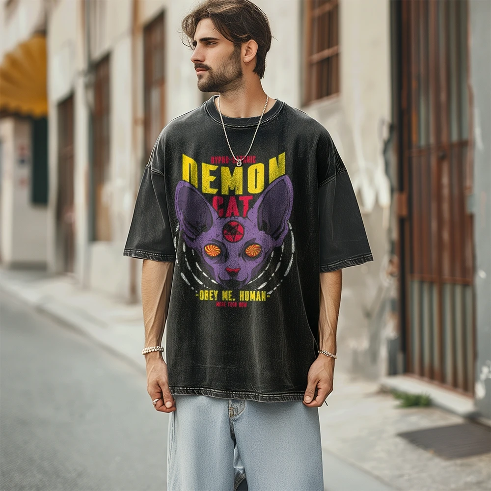 Demon Men's weatshirt Vintage Oversized Hip Hop Hoodies Color Contrast Round Neck Chic Tops Harajuku Pullover Clothes Unisex