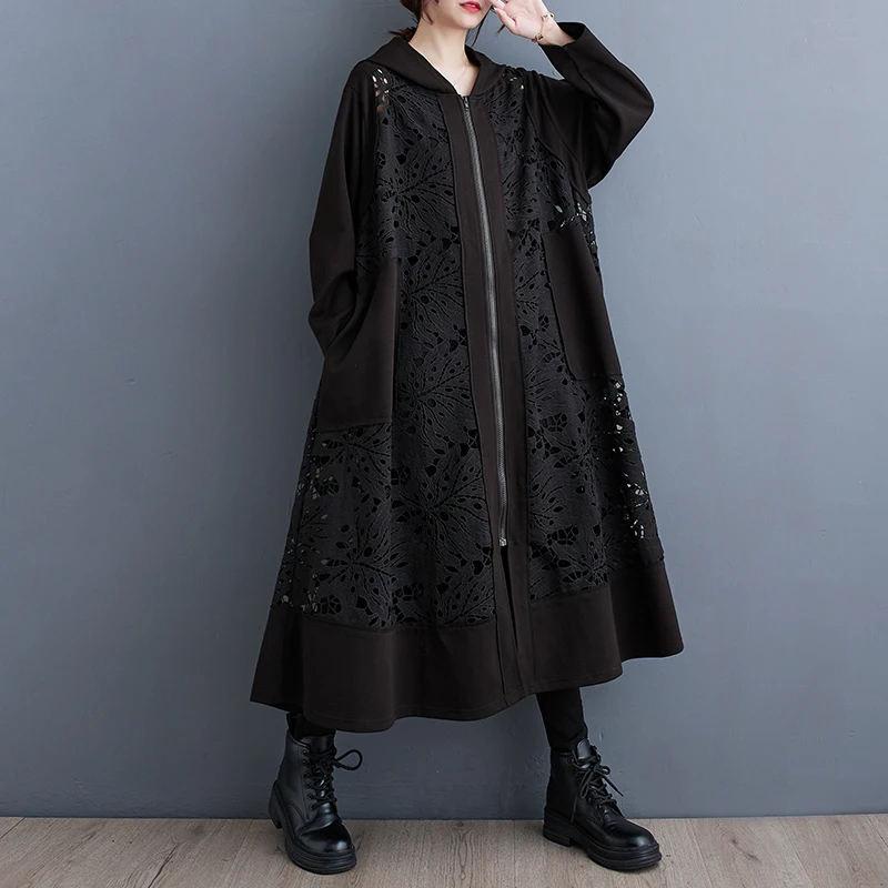 #6858 Black Vintage Hooded Trench Coat Women Zipper Loose Hollow Out Split Joint Duster Coat Ladies Outerwear Long Overcoat