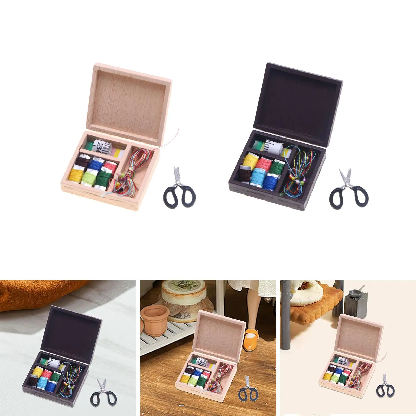 1/12 Dollhouse Miniatures Sewing Box Thimble Thread for Kids Sewing Organizer Dollhouse Decoration Accessories Furniture Model