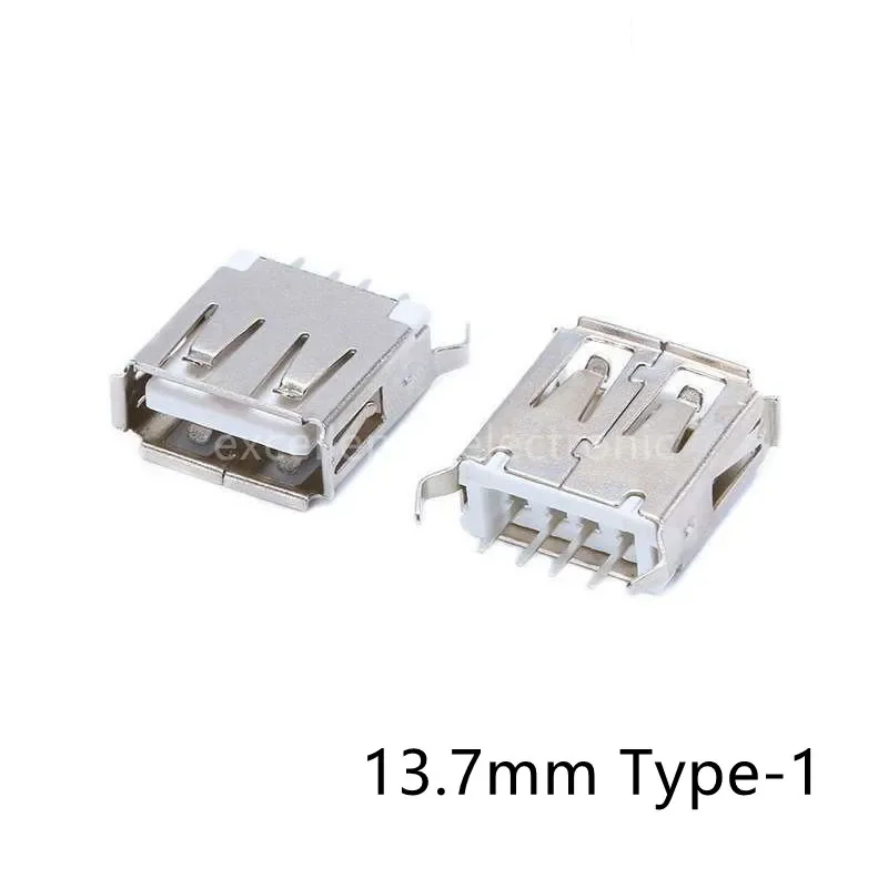20Pcs USB Type A Female Socket, 180° Vertical 4-Pin Connector, PCB Mount USB AF Interface (13.7mm / 15.0mm Height)