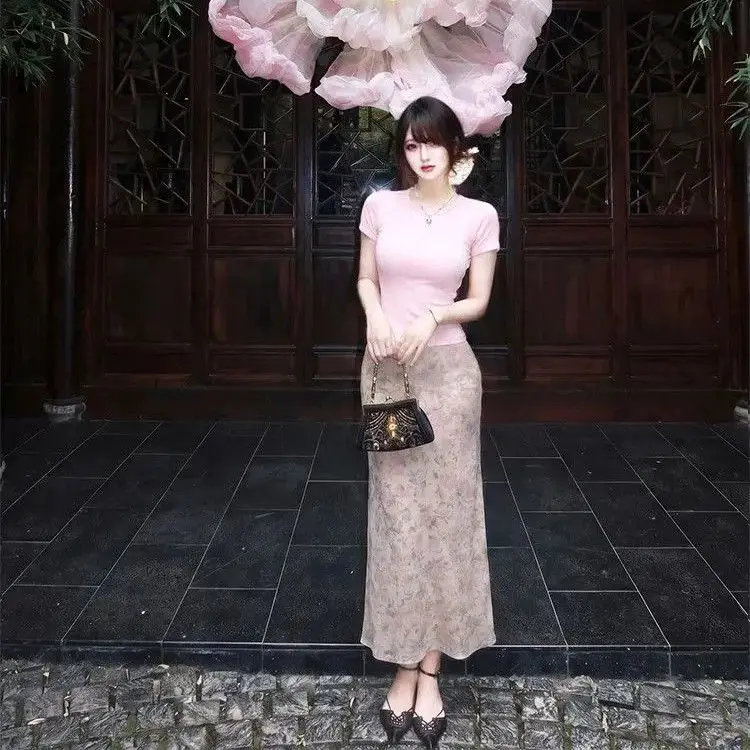 オリジナルピンク花柄ホルターネックミニドレス-レディースサマーユニーク美しいロングフィッシュテールスカートセット-ウエストシンチボディコン