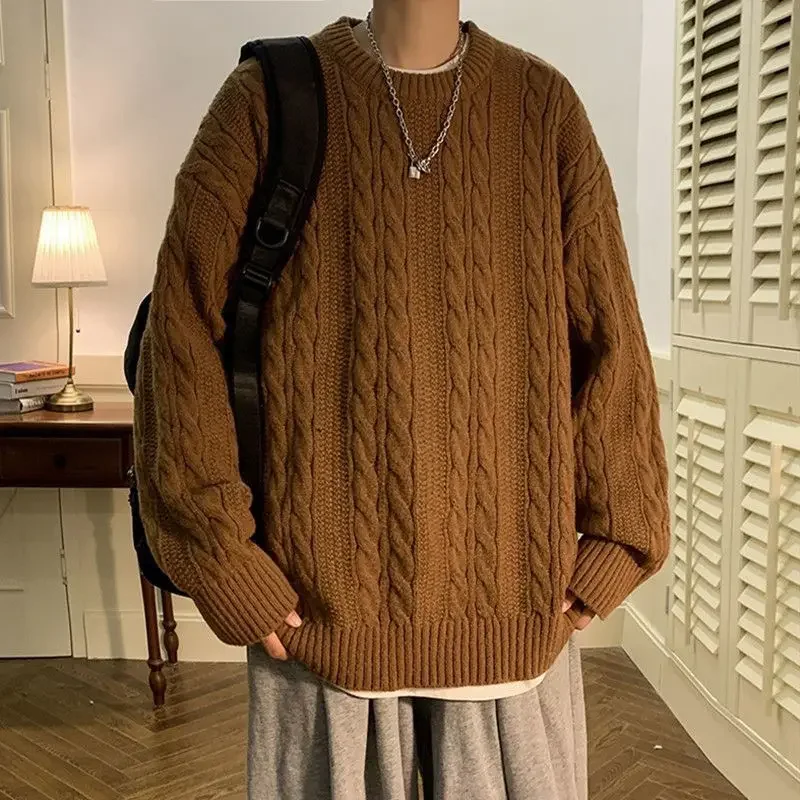 

Fried Dough Twists Round Neck Sweater Men Clothes Spring and Autumn Fashion Label Loose Knit Simple Retro Solid Color Ins Top