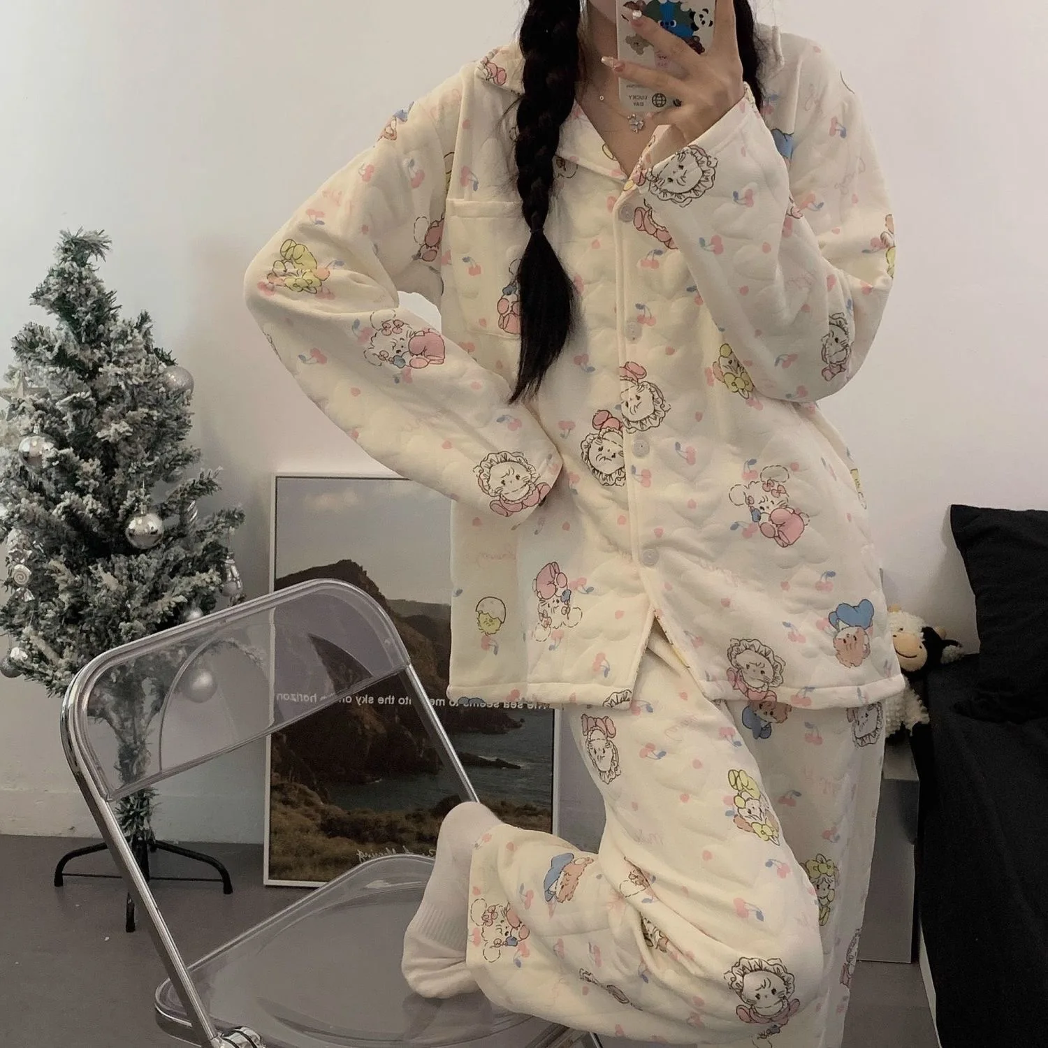 Mikko Pajamas Sets Women Japanese Style Kawaii Nightwear Winter Warm Quilting Knitted Cotton Sleepwear Soft Button Long Sleeves