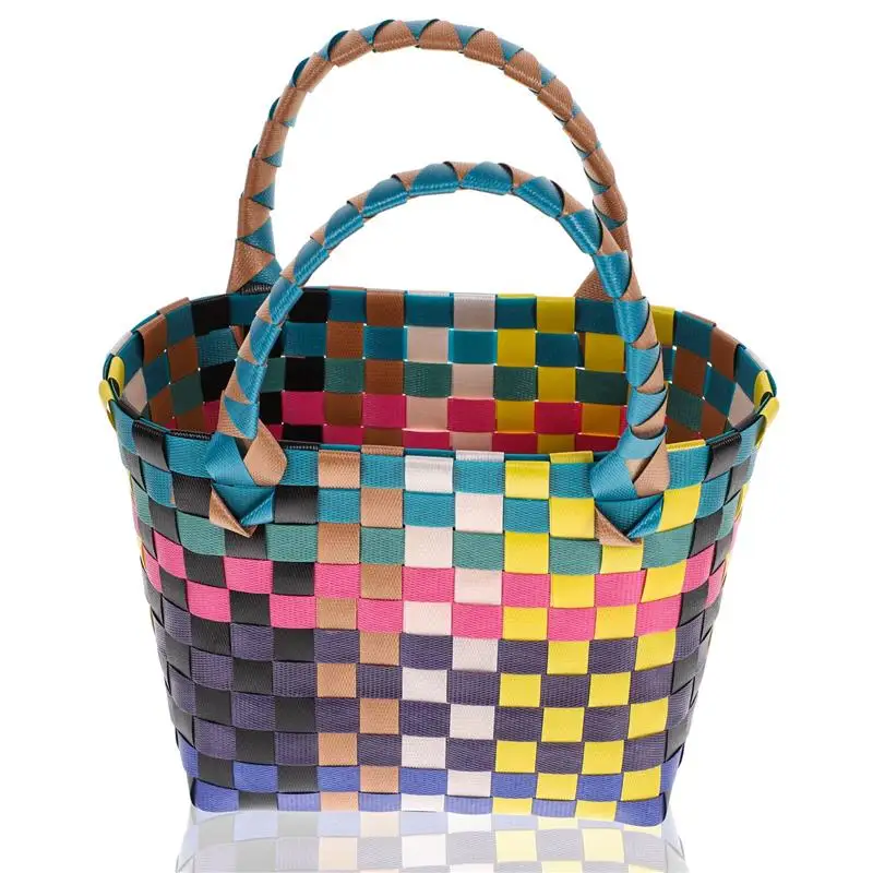 1pc PVC Woven Basket Tote Picnic Basket Fruit Storage Container Handheld Market Shopping Basket PVC Colorful Flower Basket