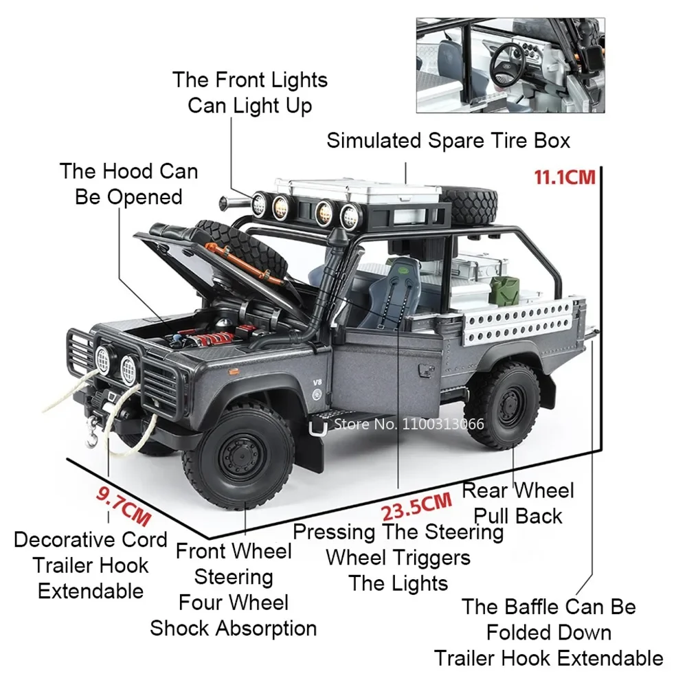 1:24 Scale Land Rover Defender 110 Toy Off-road Car Models Metal Diecast Doors Opened Shock Absorption Home Ornament Vehicles - view 4