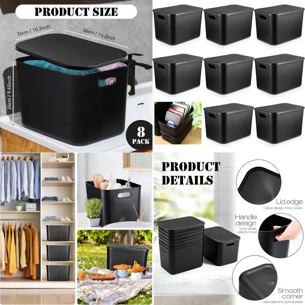 

8-Piece Set of Stackable Plastic Storage Bins with Lids for Home and Office Organization, 14.2x10.2x9.5 Inches, Black