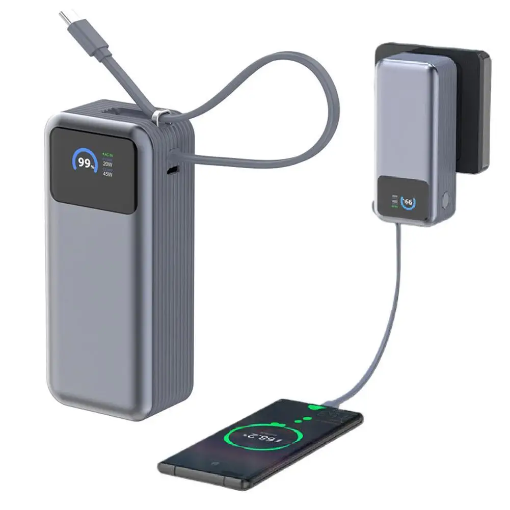 10000mAH GaN Power Bank With Cable AC Plug Wall Charger 65W Fast Charging For iPhone Powerbank