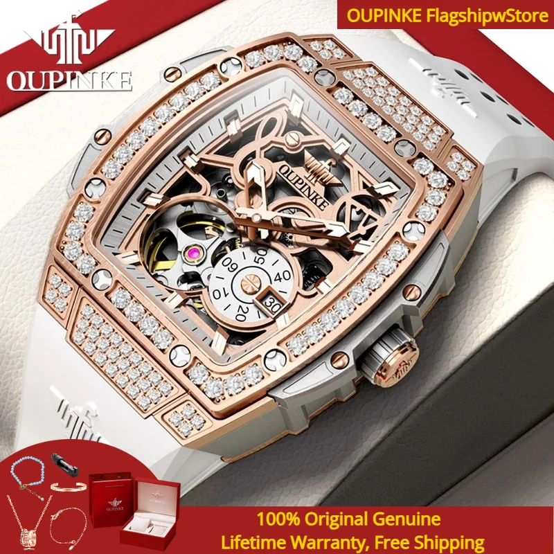 OUPINKE 3220 Volano Hollow Orologio meccanico automatico da donna Tonneau Diamond Orologio da regalo da donna con zaffiro in silicone di lusso