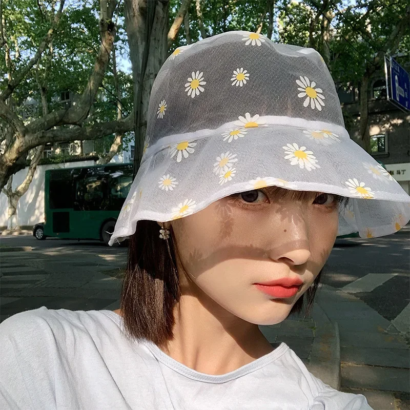 Summer Small Daisy Sun Cap Woman Korean Fashion Light Breathable Sunshade Hat Daisies Gauze Bucket Hats Accessory Creative Gifts