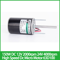 150W DC 12V 2000rpm 24V 4000rpm High Speed DC Micro Motor 63D100 Long Shaft High Power Adjustable Speed Can CW CCW