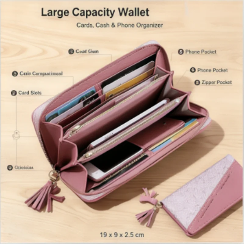 Glitter Shining Wallet New Long Women's Zipper Wallet - Korean Splicing, Color Contrast, Tassel, and Rivet Details