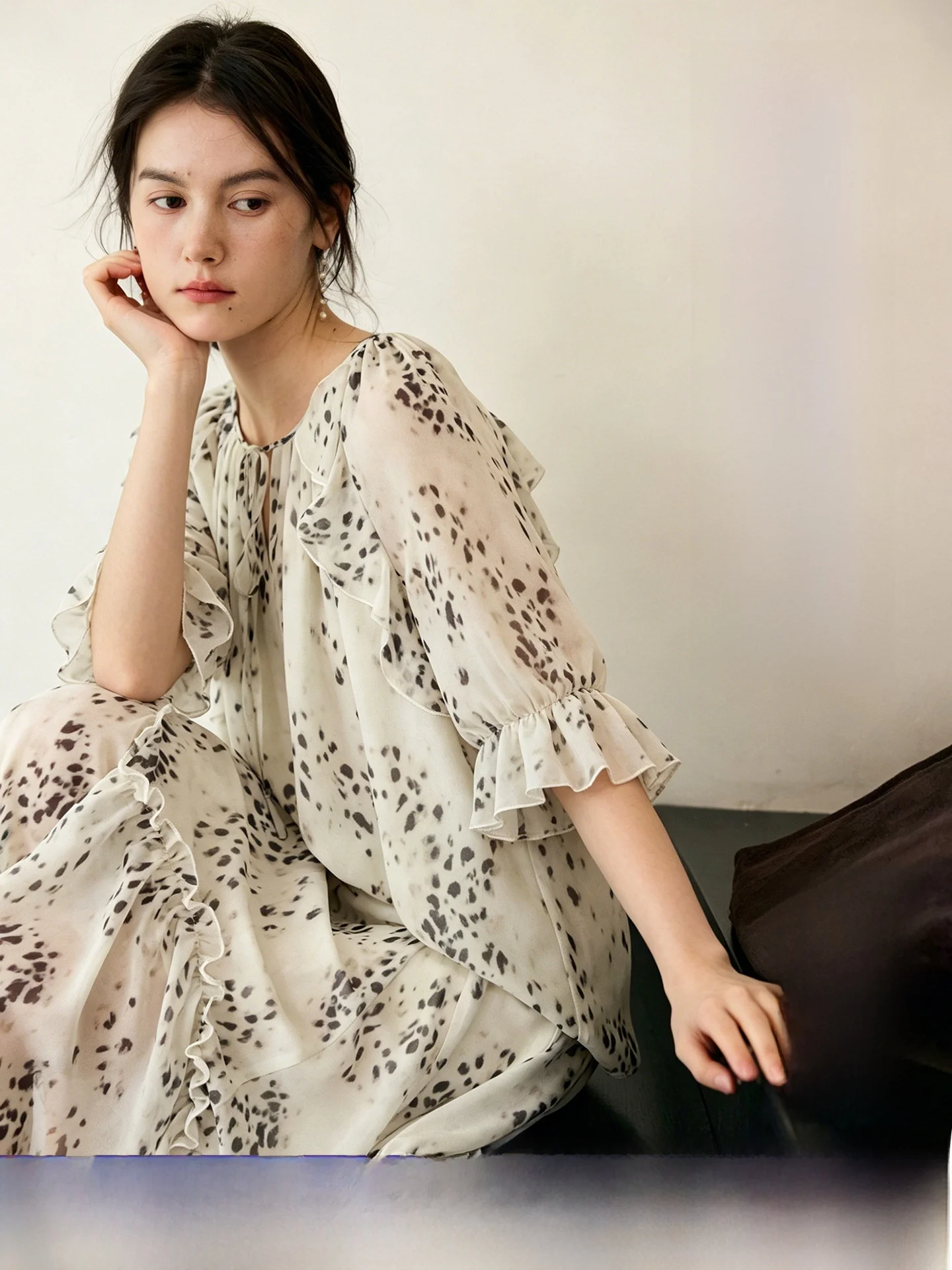 

HeyDress Vintage Leopard Print Shirt Women's Summer V-neck Loose A-line Skirt Set Floral Print Long Sleeve Midi Shirt