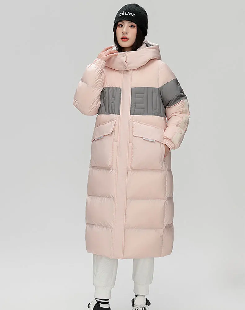 Winter Long Patchwork Hooded Down Jacket Female Big Pocket Warm Parker Outwears Women White Duck Down Knee Length Down Jackets