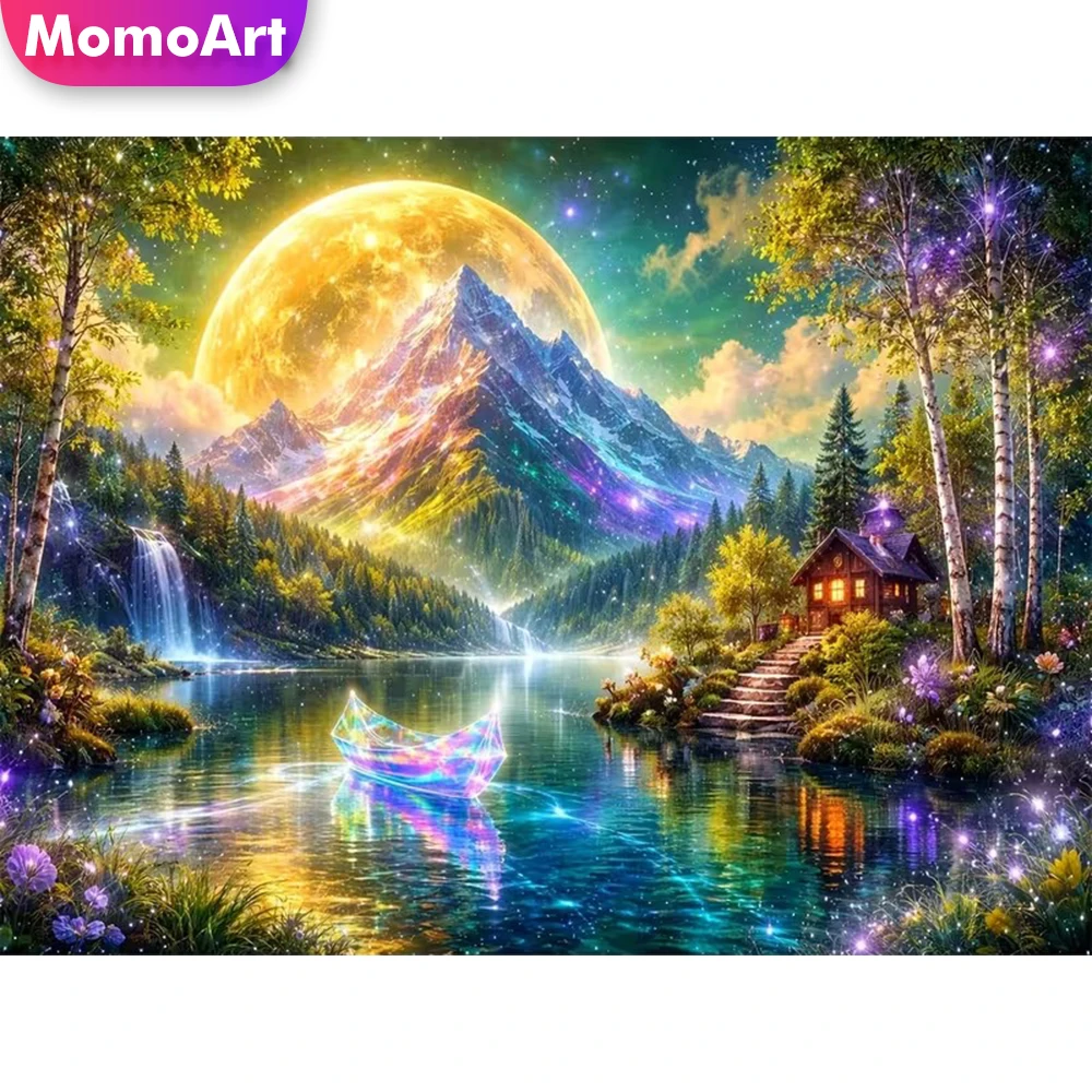 Momoart Vollquadratisches und rundes Diamant-Mosaik: Berglandschaftsgemälde, DIY Fluss-Diamant-Stickerei, handgemachtes Hobby