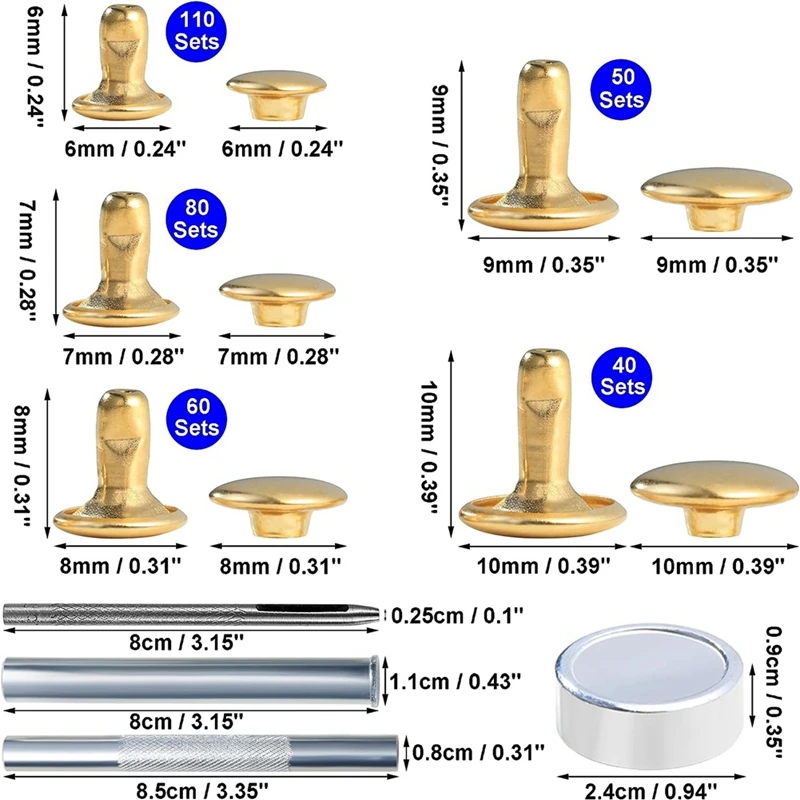 340 Sets Leather Rivet Kit Rivets Leather Double Hat Rivets Apparel Fabric For Repairing Clothes Shoes Bags Belts Durable B