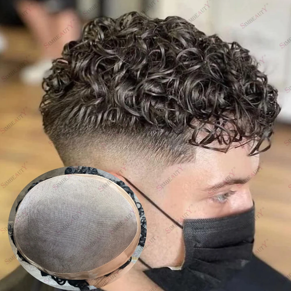 Undetectable European Male Human Hair Breathable Mono Base Toupee for Hairloss 20mm Curly Hair Replacement Prosthesis Capillary