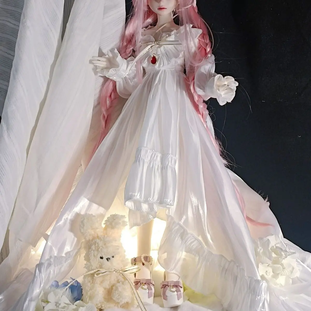 bjd Doll clothes fit on 1/3 1/4 1/6 size white long sleeve train dress dress doll accessories