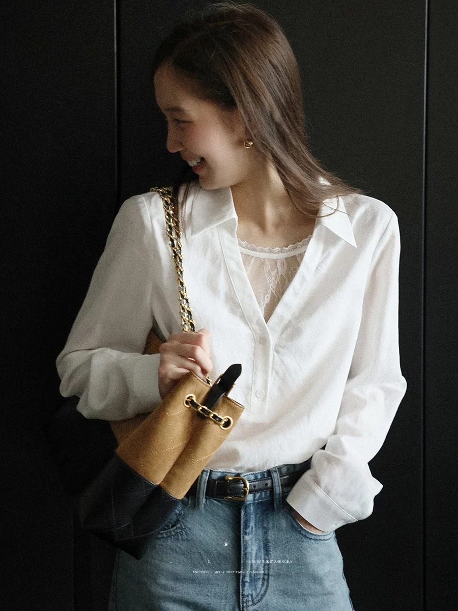 

Женская льняная блузка Lalaglow French Sle свободного кроя с кружевом и вставками, приталенная, с длинным рукавом, повседневная, цветная