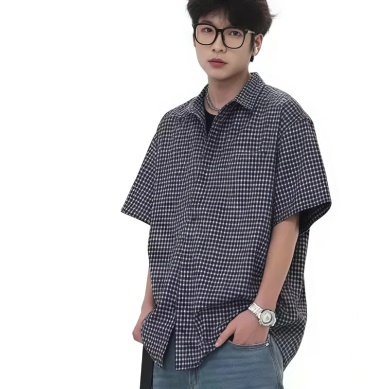 

Unisex American Retro Plaid Short Sleeve Shirt Summer Vintage Breathable Casual Button Down Top