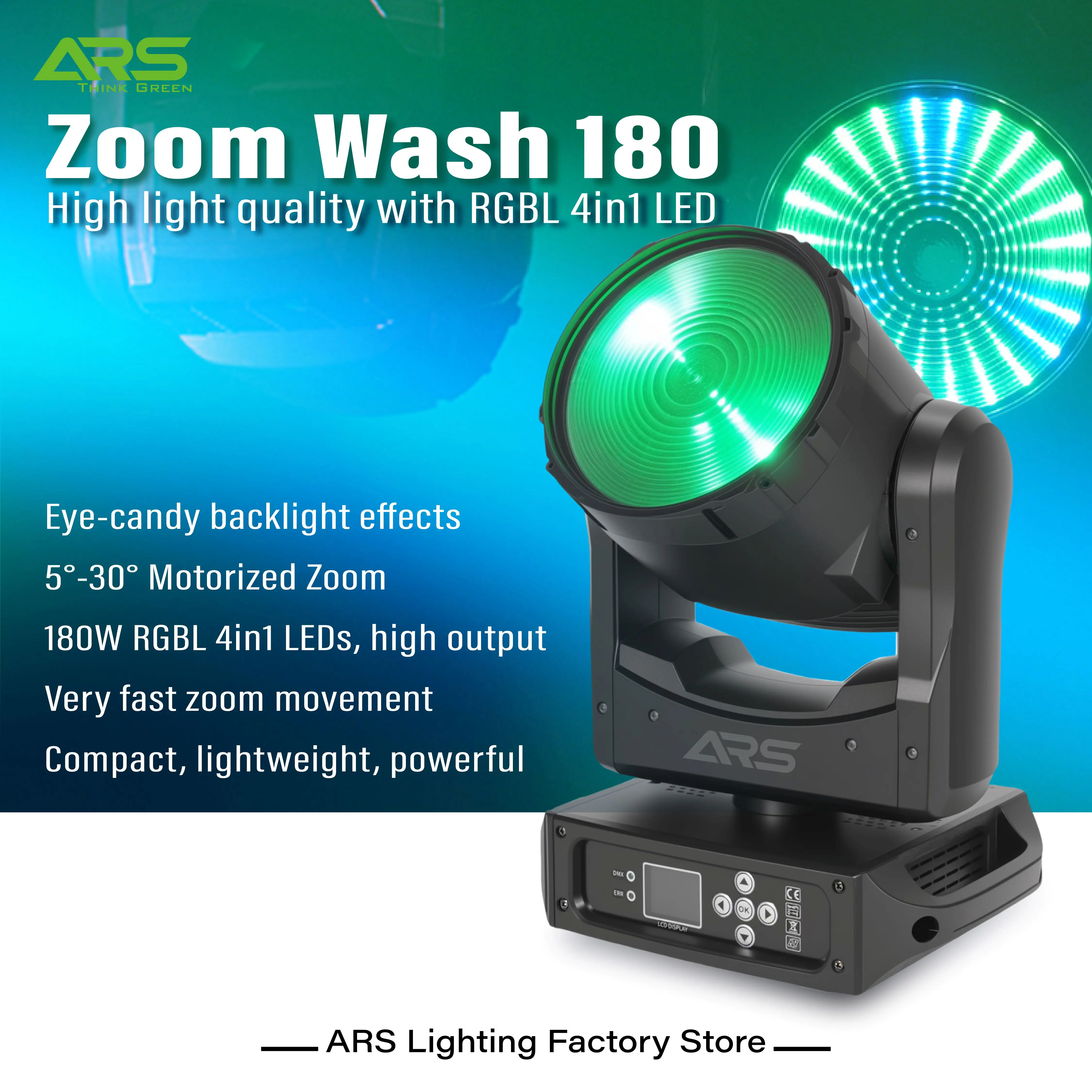 180W RGBL 4in1 LED Zoom Wash Moving Head with Eye-candy backlight 5°-30° motorized zoom DMX512 Stage light for Disco DJ Wedding