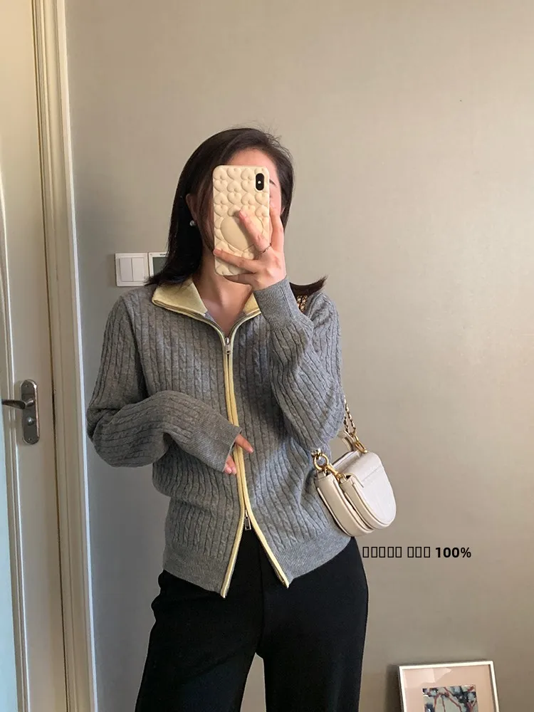 

Autumn Winter New Sle Korean Color Blo Woolen Knitted Sweater Double Zipper Casual Long Sve Women's Knittedwear