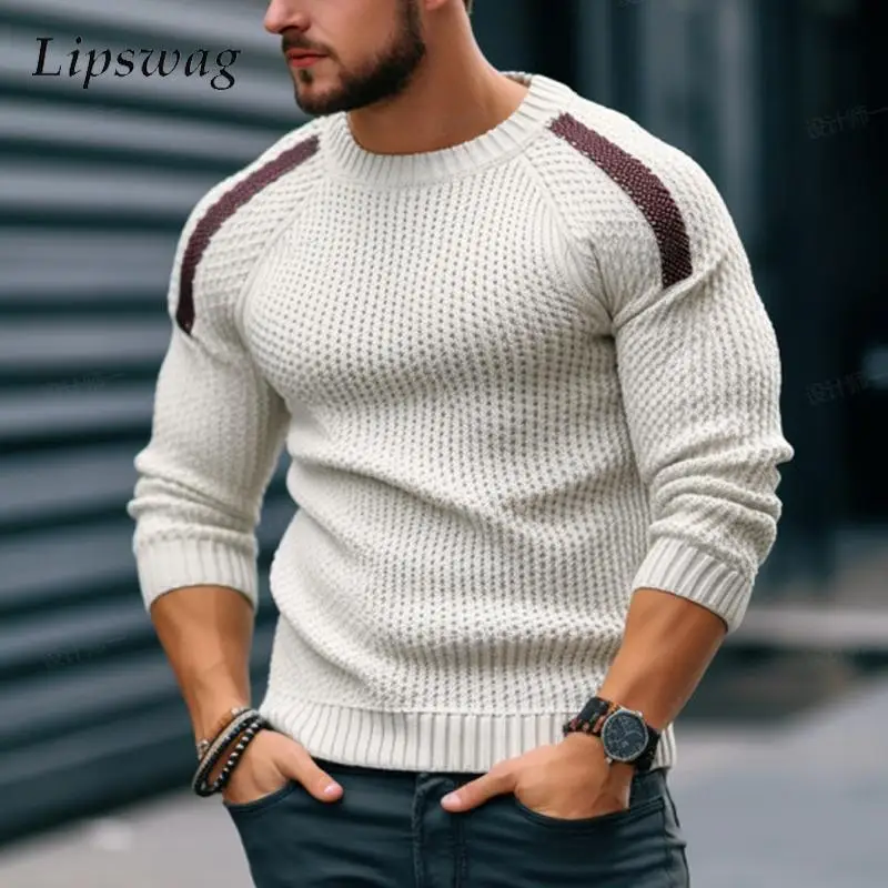 

Contrast Color Jacquard Knit T Shirt Men Autumn Fashion Patchwork Long Sleeve O Neck Sweater Mens Slim Fit Casual Sweaters Tops