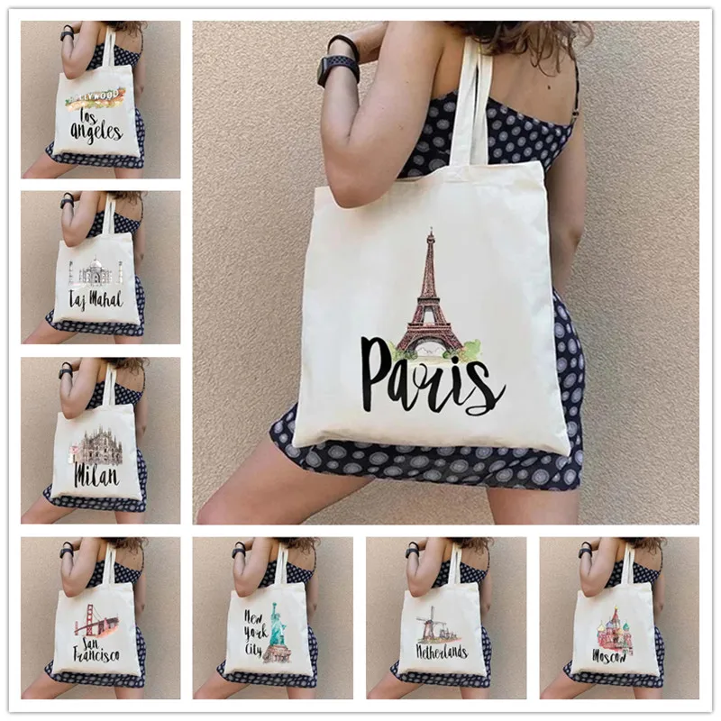 Paris Travel City Print Women Shoulder Bags Harajuku Canvas Shopping Bag Large Capacity Tote Handbag Reusable Eco Girl Handbags