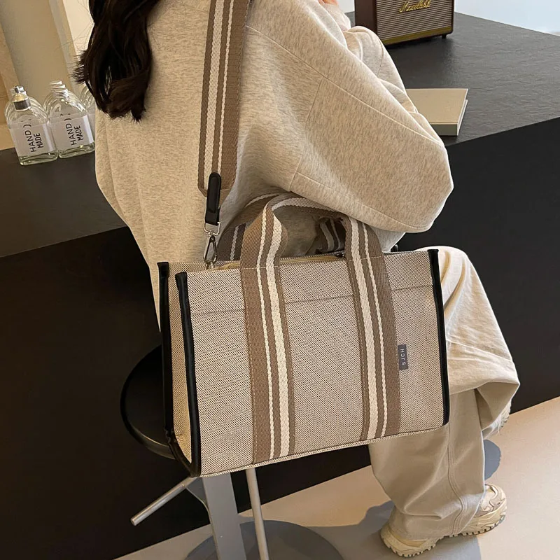 Linen Fabric Handbags For Women Quality Striped Large Capacity Shoulder Crossbody Bag 2024 Latest Plain Color Shopping Totes Bag