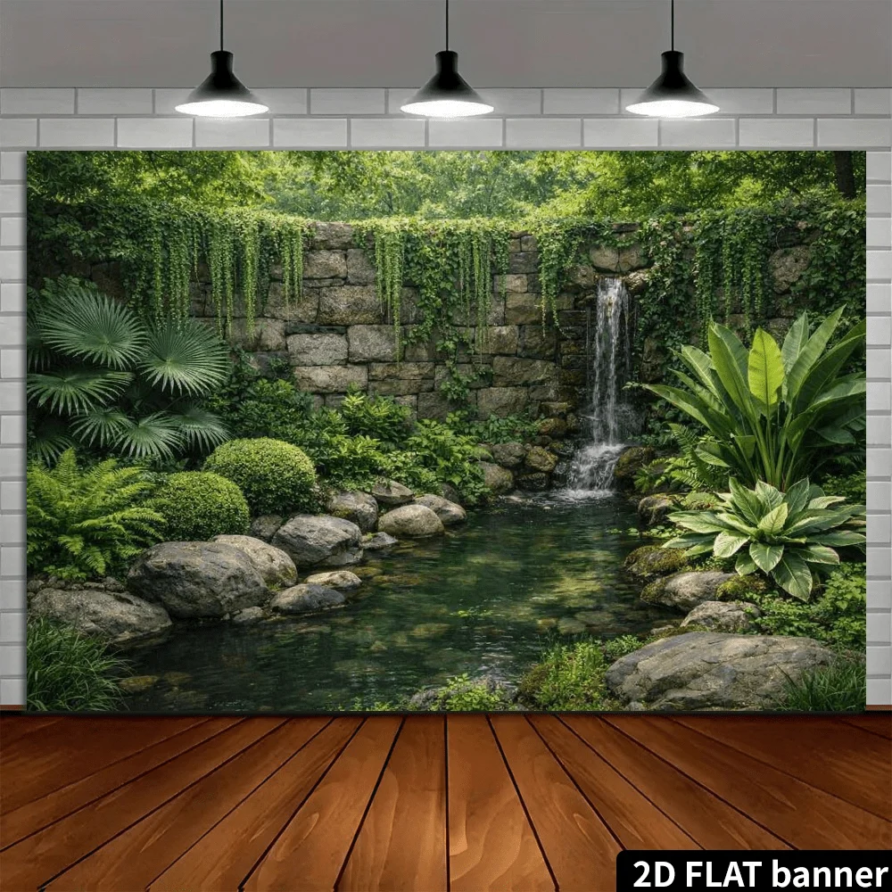2D Flat - - Courtyard Stone Wall Side Waterfall Backdrop Fabric Featuring Singlesided Flow And Pond With Green Plants Theme High