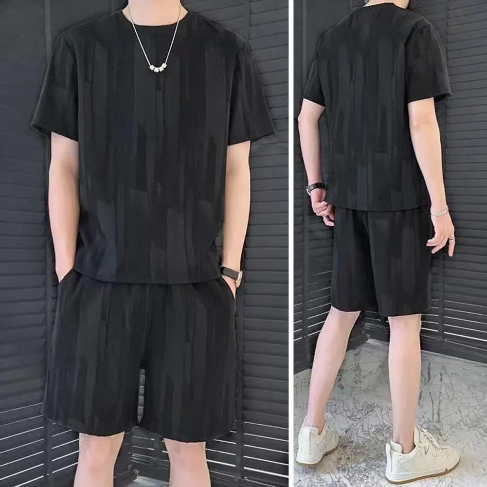 Striped Print Casual Men Tracksuit Summer Outfit Short-Sleeved T-shirt Wide Leg Shorts Two-Piece Set Men Sportswear Gym Suit