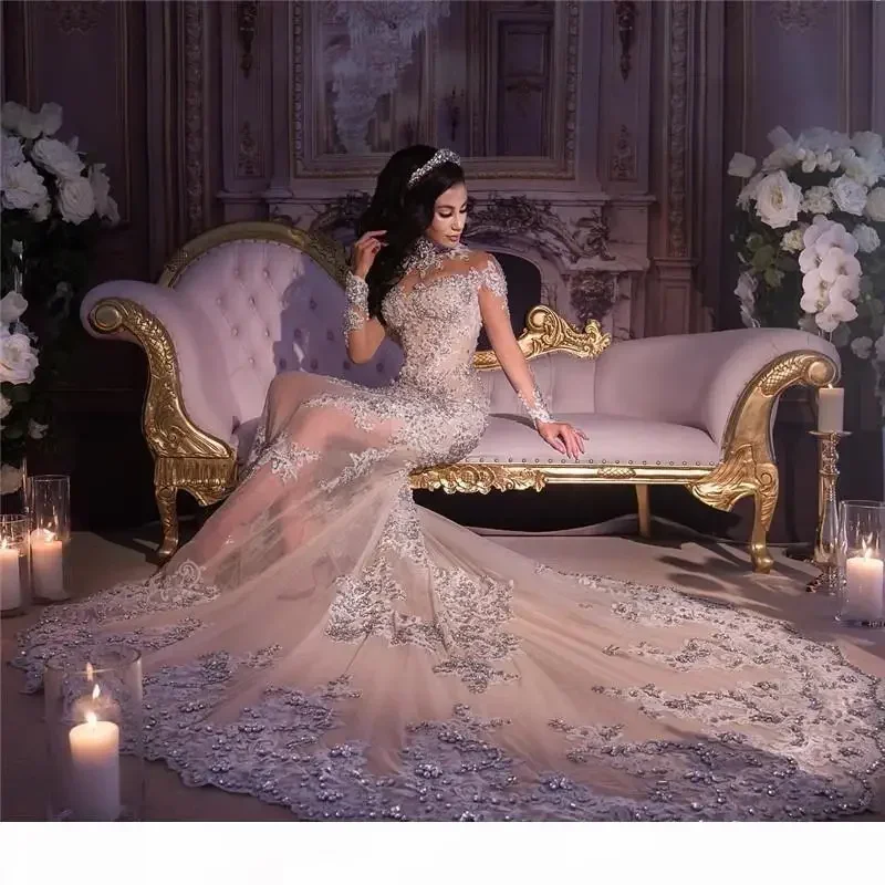 Customized Sexy Mermaid Wedding Dresses Detachable Train Lace Appliques Rhinestones Over Skirt Bridal Gowns Removable Skirt High