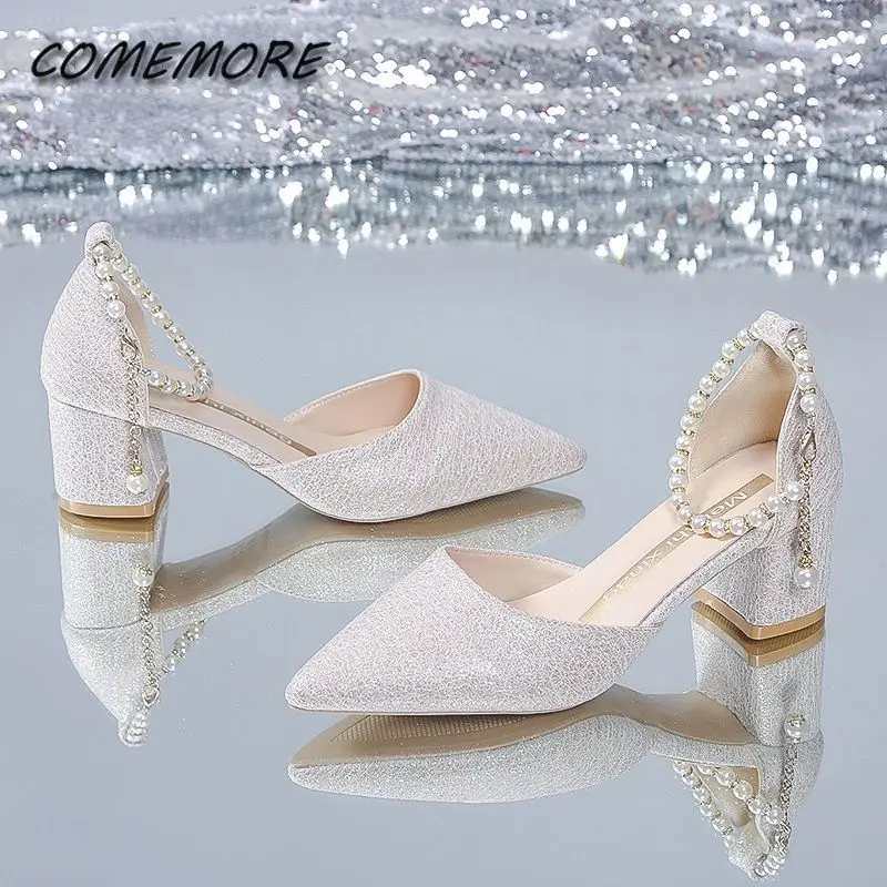 Elegant Ladies Pointed Toe Pearl Wedding Shoes Bride String Bead Ankle Strap Pumps Comfortable Thick High Heels for Women\'s 2024