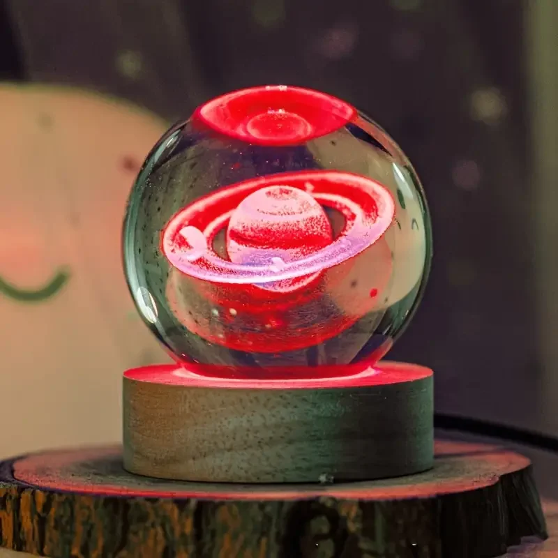 1pc 3D interior sculpted Saturn illuminated crystal ball ornament with colorful wood base, nightlight, indoor tabletop, birthday